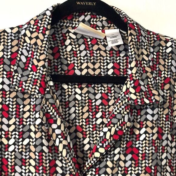Alfred Dunner 16W black red beige pattern button front blouse long sleeve - Picture 2 of 10